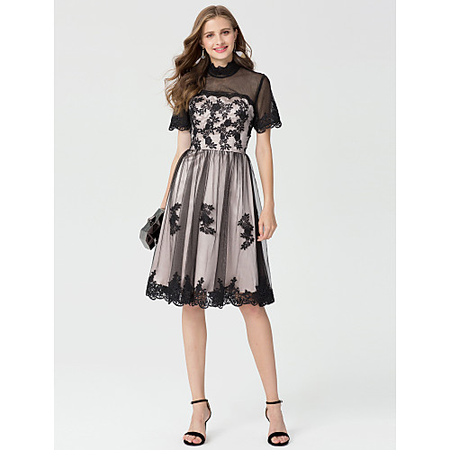 

Ball Gown High Neck Knee Length Lace / Tulle Cocktail Party Dress with Appliques by TS Couture / Illusion Sleeve
