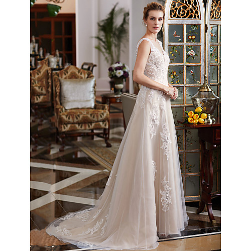 

A-Line Wedding Dresses V Neck Court Train Lace Tulle Regular Straps Romantic Illusion Detail with Beading Appliques 2021