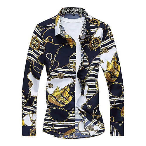 

Men's Shirt Floral Striped Tribal Plus Size Print Long Sleeve Party Tops Vintage Orange White Navy Blue