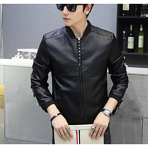 

Men's Faux Leather Jacket Daily Fall Spring Regular Coat Stand Collar Basic Jacket Long Sleeve Solid Colored Blue Black