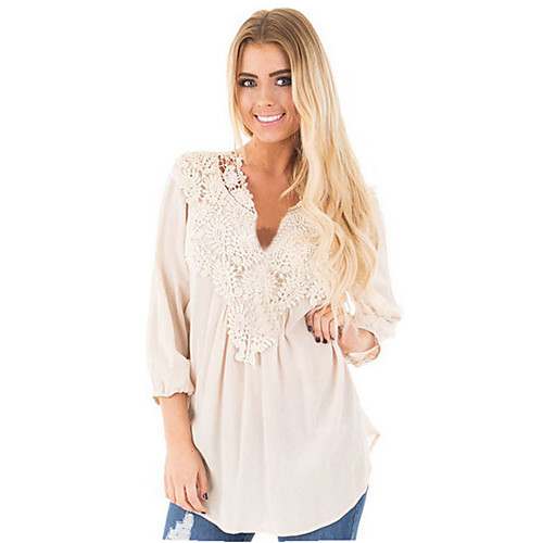 

Women's Blouse Solid Colored Plus Size Lace 3/4 Length Sleeve Daily Tops White Black Blue