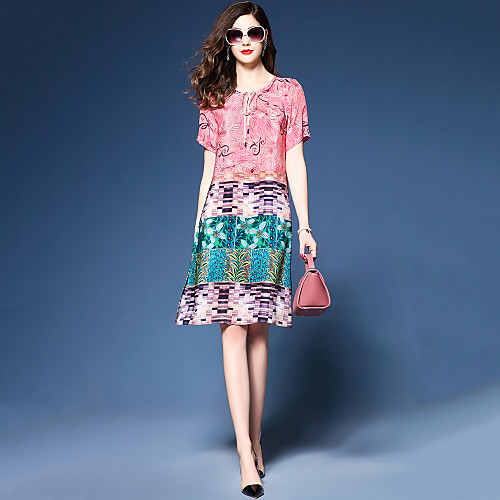 

Women's Loose Knee Length Dress Blushing Pink Short Sleeve Color Block Split Print Fall Summer Round Neck Party Going out M L XL XXL 3XL / Plus Size / Plus Size