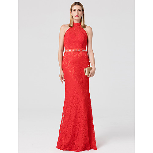 

Mermaid / Trumpet Open Back Prom Formal Evening Dress High Neck Sleeveless Floor Length Lace with Sash / Ribbon Crystals 2021