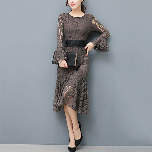 

Women's Lace Midi Dress Gray Black Long Sleeve Solid Colored Cut Out Lace Fall Winter Round Neck Streetwear Party Going out Flare Cuff Sleeve Slim M L XL XXL