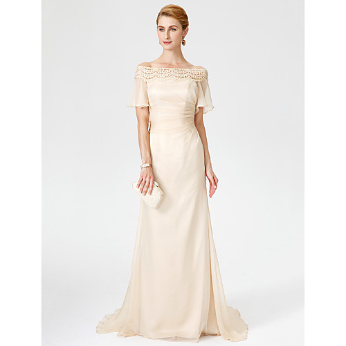 

Sheath / Column Mother of the Bride Dress Elegant Off Shoulder Sweep / Brush Train Chiffon Lace Short Sleeve with Pleats 2021