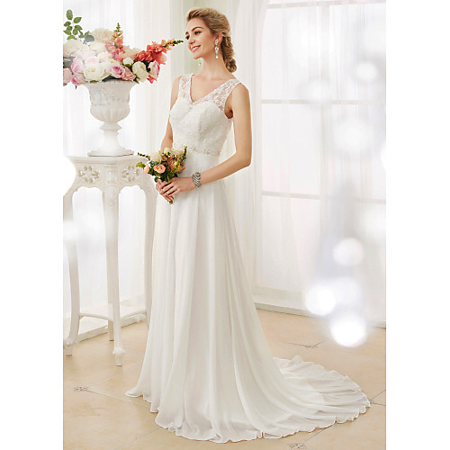 

A-Line Wedding Dresses V Neck Court Train Chiffon Lace Bodice Regular Straps Sexy Illusion Detail Backless with Beading Appliques Button 2021