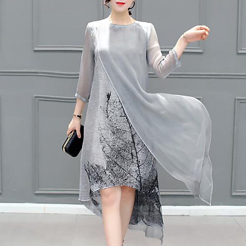 

Women's Chiffon Dress Knee Length Dress Gray 3/4 Length Sleeve Print Layered Summer Round Neck Hot Going out S M L XL XXL 3XL 4XL 5XL / Plus Size / Plus Size