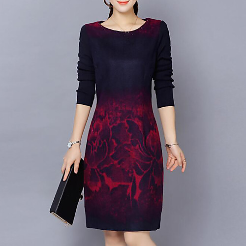 

Women's Sheath Dress Knee Length Dress Red Long Sleeve Abstract Print Fall Round Neck Casual Slim M L XL XXL 3XL 4XL 5XL / Cotton / Plus Size / Plus Size / Cotton