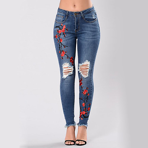 

Women's Street chic Plus Size Daily Skinny Jeans Pants - Floral Embroidered Cut Out Ripped Denim Blue S / M / L / Sexy