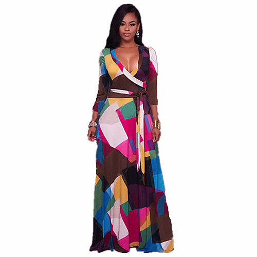 

Women's Swing Dress Maxi long Dress Rainbow 3/4 Length Sleeve Geometric Print Fall Spring Deep V Boho Beach Fine Stripe S M L XL