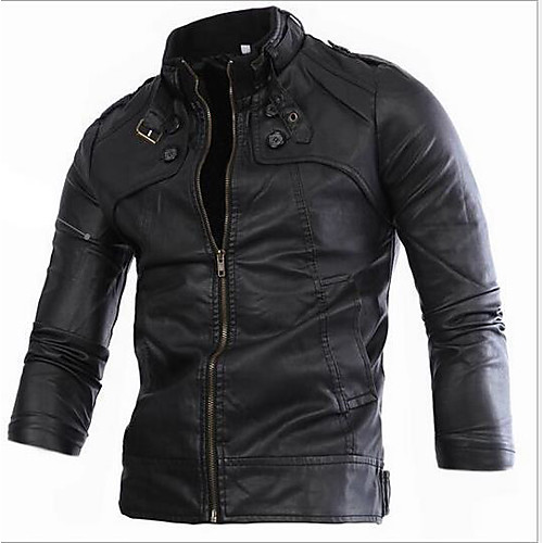 

Men's Faux Leather Jacket Daily Fall Spring Regular Coat Stand Collar Slim Vintage Jacket Long Sleeve Striped Print Black Brown