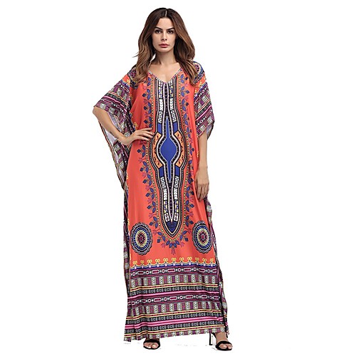 

Women's Loose Maxi long Dress Blue Yellow Orange Black Red Half Sleeve Geometric Summer All Seasons V Neck Vintage Boho Holiday Beach Flare Cuff Sleeve Boho Bohemia Beach One-Size