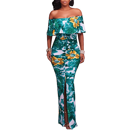 

Women's Bodycon Maxi long Dress Blue Green Red Short Sleeve Floral Backless Split Ruffle Spring Summer Boat Neck Vintage Boho Party Club Skinny Off Shoulder S M L XL