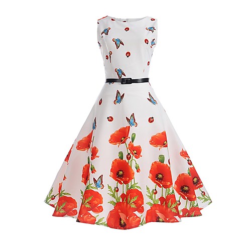 

Women's Sheath Dress Knee Length Dress White Sleeveless Butterfly Floral Butterfly Print Spring Summer Round Neck Vintage Holiday Work Floral S M L XL XXL / Cotton / Cotton