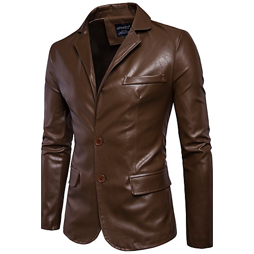 

Men's Faux Leather Jacket Daily Fall Winter Regular Coat Round Neck Slim Jacket Long Sleeve Solid Colored Camel Black