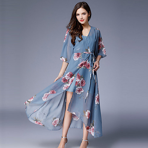 

Women's Sheath Dress Midi Dress Blue Short Sleeve Print All Seasons V Neck Casual Sophisticated Going out Floral S M L XL