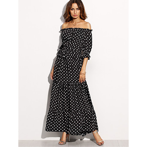 

Women's Sheath Dress Maxi long Dress Black 3/4 Length Sleeve Black Polka Dot Print Boat Neck Party Holiday Off Shoulder M L XL XXL / Ruffle