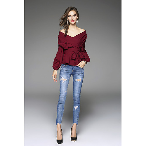 

Women's Shirt Solid Colored Long Sleeve Going out Tops Cotton White Blue Wine