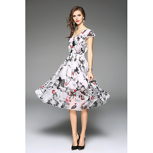 

Women's Sheath Dress Midi Dress White Short Sleeve Print Spring Summer V Neck Vintage Sophisticated Going out Work Beach M L XL XXL 3XL