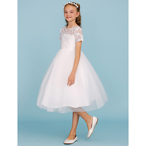 

Princess Knee Length Flower Girl Dresses Wedding Lace Short Sleeve Crew Neck with Pleats / First Communion