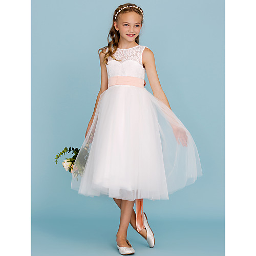 

Princess Tea Length Junior Bridesmaid Dress Party Lace Crew Neck with Sash / Ribbon / Wedding Party / Open Back / See Through