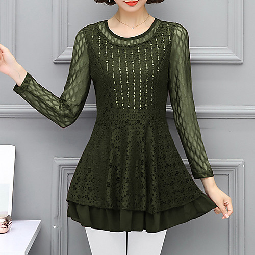 

Women's Blouse Solid Colored Lace Long Sleeve Daily Tops Black Wine Green