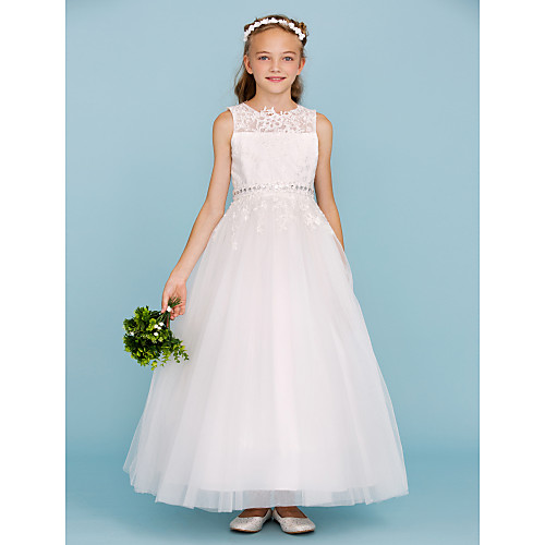 

Ball Gown Ankle Length Junior Bridesmaid Dress Party Lace Crew Neck with Sash / Ribbon / Wedding Party
