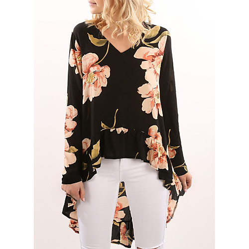 

Women's Blouse Floral Ruffle Long Sleeve Daily Tops Black