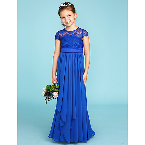 

Princess Floor Length Junior Bridesmaid Dress Party Chiffon Short Sleeve Crew Neck with Sashes / Ribbons / Wedding Party / See Through
