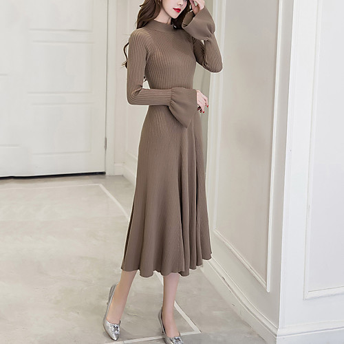 

Women's Sweater Jumper Dress Midi Dress Camel Black Long Sleeve Solid Colored Fall Winter Round Neck Streetwear Going out Flare Cuff Sleeve Belt Not Included Flare Sleeve S M L XL XXL
