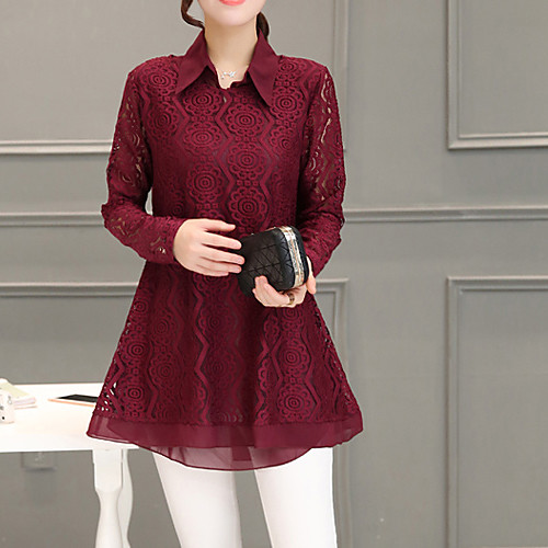 

Women's Blouse Houndstooth Solid Colored Lace Long Sleeve Daily Tops Black Blue Blushing Pink