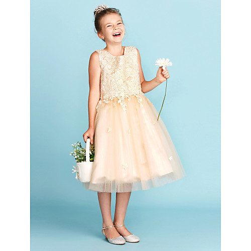 

Princess Knee Length Junior Bridesmaid Dress Party Lace Jewel Neck with Bow(s) / Wedding Party