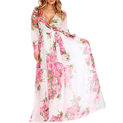 

Women's Chiffon Dress Maxi long Dress Fuchsia Black Beige Long Sleeve Floral Print V Neck Holiday Beach Floral S M L XL XXL 3XL / Plus Size / Plus Size