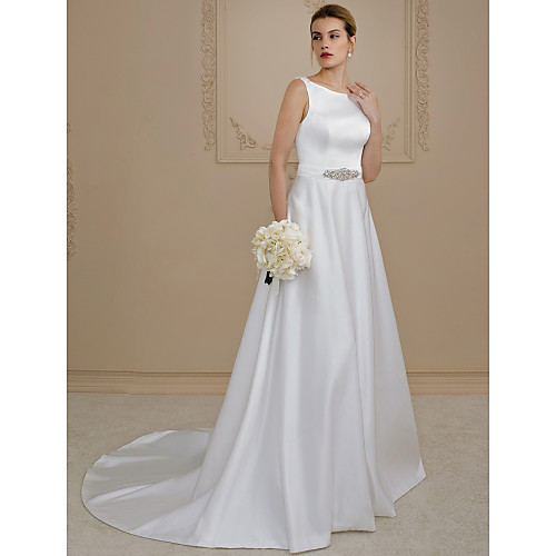 

Ball Gown Wedding Dresses Scoop Neck Court Train Satin Regular Straps Simple Backless with Sashes / Ribbons Buttons Beading 2021