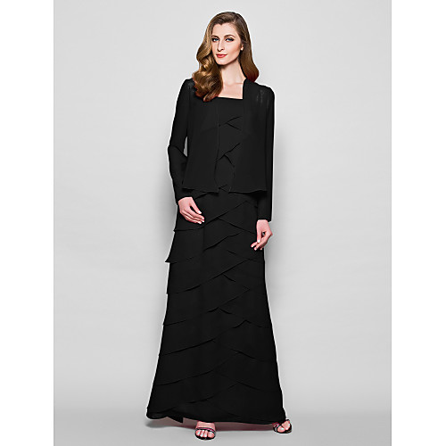 

Sheath / Column Mother of the Bride Dress Wrap Included Straps Floor Length Georgette Long Sleeve with Pleats Ruffles 2021