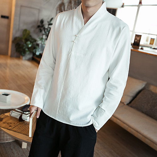 

Men's Shirt Solid Colored Plus Size Long Sleeve Daily Tops Chinoiserie V Neck White Black