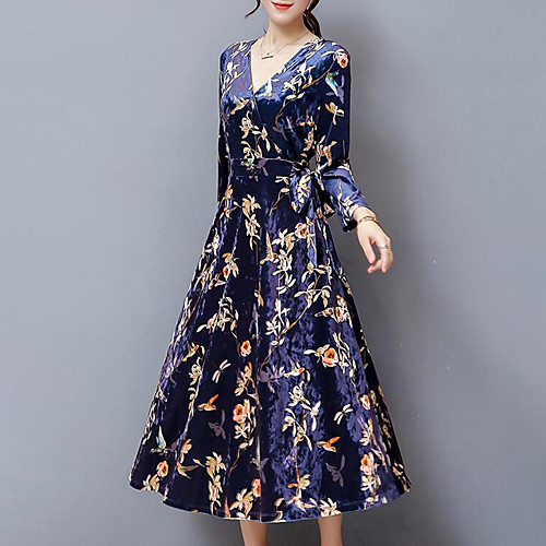 

Women's Sheath Dress Maxi long Dress Blue Long Sleeve Floral Fall V Neck Casual Going out Velvet / Plus Size / Plus Size