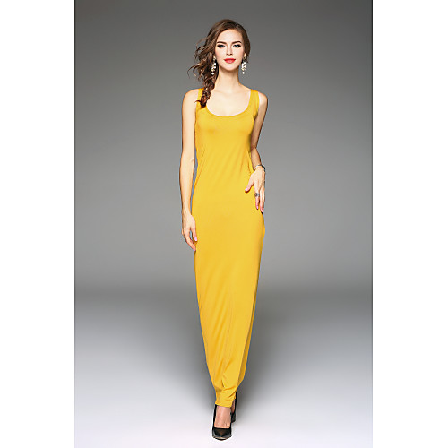 

Women's Loose Maxi long Dress Yellow Black Red Navy Blue Sleeveless Solid Colored Summer Round Neck Slim S M L XL