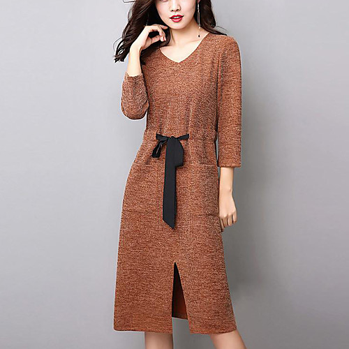 

Women's Sweater Jumper Dress Midi Dress Khaki Dark Gray 3/4 Length Sleeve Solid Colored Split Fall Winter V Neck Streetwear Going out Belt Not Included M L XL XXL 3XL 4XL / Plus Size / Plus Size