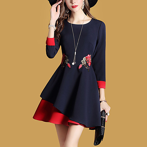 

Women's A Line Dress Short Mini Dress Blue Long Sleeve Embroidered Formal Style Fall Spring Round Neck Streetwear Going out S M L XL XXL