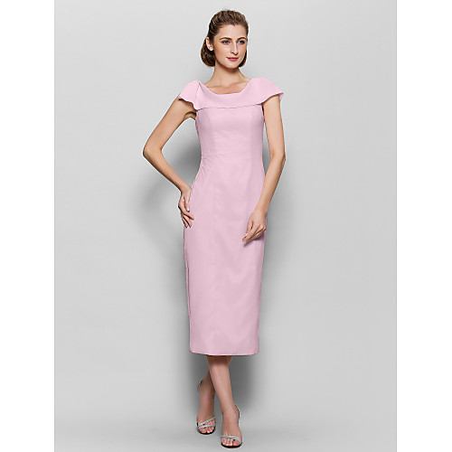 

Sheath / Column Mother of the Bride Dress Elegant Scoop Neck Tea Length Chiffon Short Sleeve with Pleats 2021