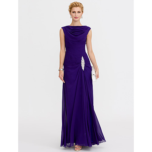 

Sheath / Column Mother of the Bride Dress Color Block Lace Up Cowl Neck Ankle Length Chiffon Charmeuse Sleeveless with Criss Cross Beading 2021