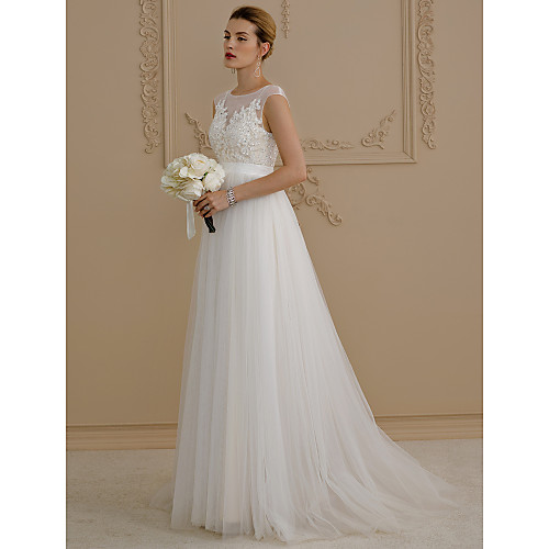 

A-Line Wedding Dresses Jewel Neck Sweep / Brush Train Beaded Lace Cap Sleeve Romantic Plus Size Backless with Sash / Ribbon Appliques Button 2021