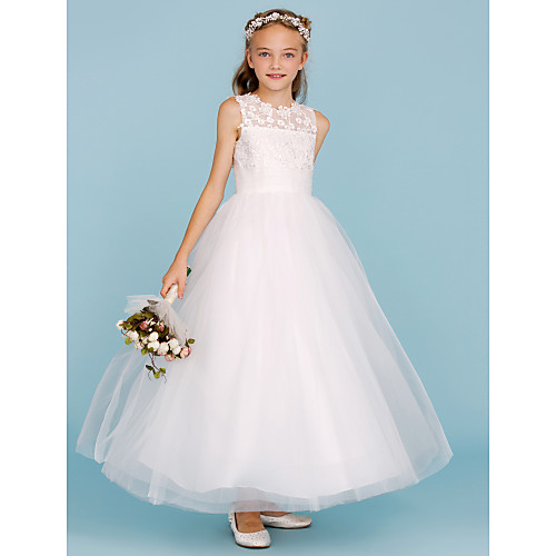 

Princess Ankle Length Junior Bridesmaid Dress Party Lace Crew Neck with Sash / Ribbon / Wedding Party