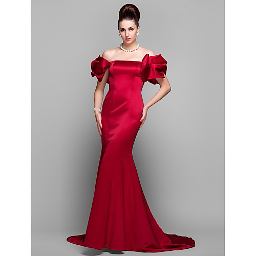 

Mermaid / Trumpet Chinese Style Elegant Formal Evening Black Tie Gala Dress Off Shoulder Short Sleeve Court Train Satin with Pleats 2021