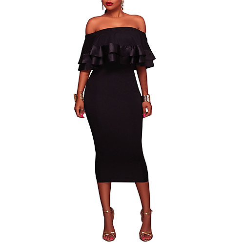 

Women's Sheath Dress Midi Dress Black Short Sleeve Black Solid Colored Backless Layered Ruffle Fall Spring Boat Neck Skinny Off Shoulder S M L XL XXL 3XL / Plus Size / Plus Size / Sexy