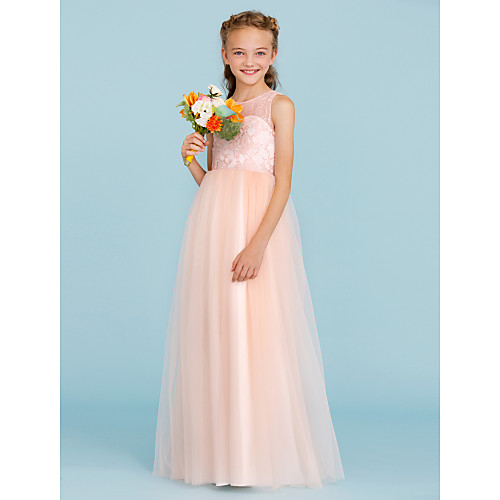 

Princess Floor Length Junior Bridesmaid Dress Party Lace Crew Neck with Pleats / Wedding Party / See Through