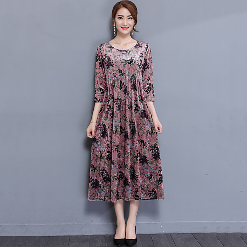 

Women's Loose Midi Dress Blushing Pink Half Sleeve Graphic Print Fall Round Neck Streetwear Going out Slim Velvet M L XL XXL 3XL / Plus Size / Plus Size