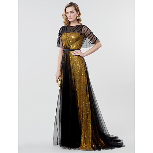 

A-Line Elegant Sparkle & Shine Beaded & Sequin Formal Evening Black Tie Gala Dress Illusion Neck Short Sleeve Sweep / Brush Train Tulle Sequined with Sash / Ribbon Sequin 2021