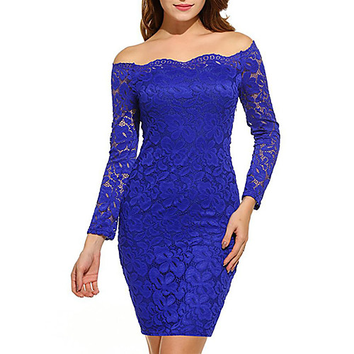 

Women's Bodycon Short Mini Dress Purple Blushing Pink Wine Green Royal Blue Black Navy Blue Long Sleeve Dusty Rose Solid Colored Lace Fall Spring Off Shoulder Hot Sexy Party Going out Slim Off